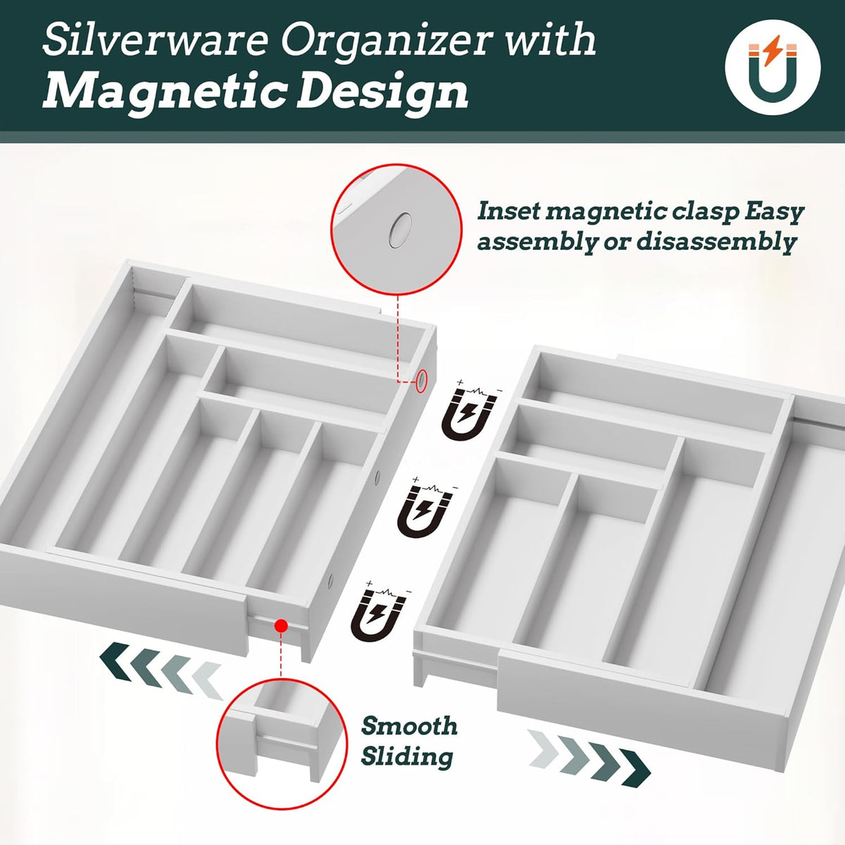 Silverware Organizer Large, Magnetic Connected Expandable 13 Slots Silverware Drawer Organizer From 21 to 37.4 Inches, Adjustable Flatware and Cutlery Holder, Bamboo Utensil Tray for Kitchen Natural