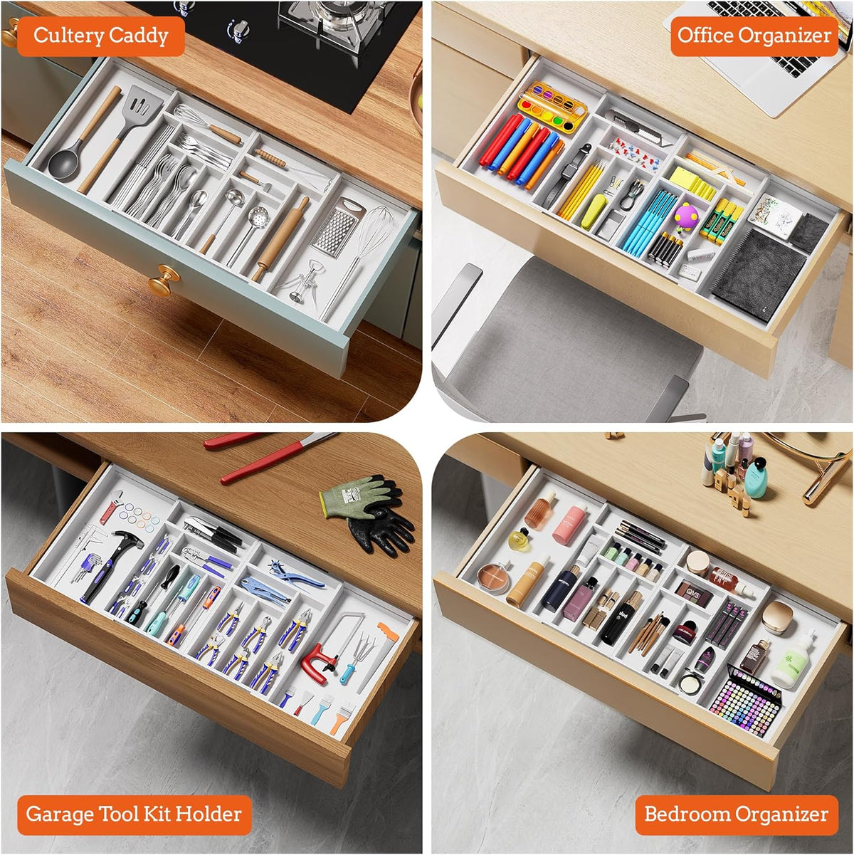Silverware Organizer Large, Magnetic Connected Expandable 13 Slots Silverware Drawer Organizer From 21 to 37.4 Inches, Adjustable Flatware and Cutlery Holder, Bamboo Utensil Tray for Kitchen Natural