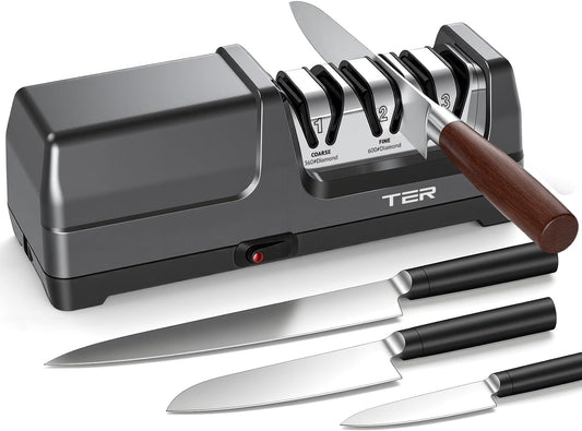TER Professional Electric 3 Stage Diamond Kitchen Knife Sharpener, Black | 40s Fast Auto Sharpening & Polish, Professional Repair for Straight Edge & Serrated Bread Knives, Easy to Use for Beginners