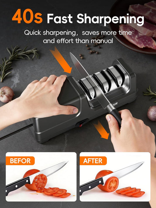 TER Professional Electric 3 Stage Diamond Kitchen Knife Sharpener, Black | 40s Fast Auto Sharpening & Polish, Professional Repair for Straight Edge & Serrated Bread Knives, Easy to Use for Beginners
