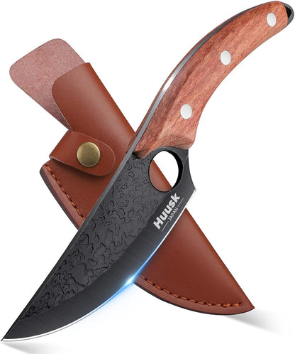Kitchen Boning Chef Husk Knife for Everyday Use, Camping and BBQ - Premium Black Titanium Coated Blade with Sheath & Gift Box