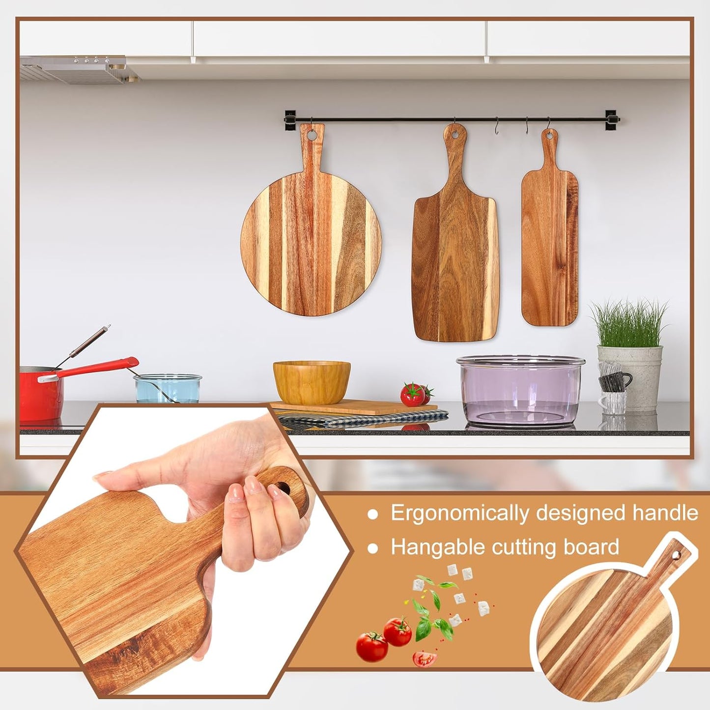 3 Pcs Acacia Wood Cutting Board with Handle Wooden Chopping Charcuterie Board Assorted Size Butcher Block Serving Tray for Cheese Pizza, 16 x 12 In, 17 x 7 In, 16 x 4.7 in