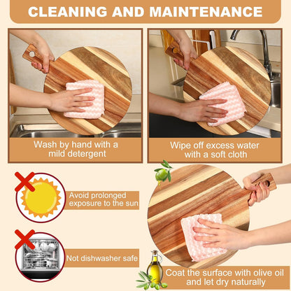3 Pcs Acacia Wood Cutting Board with Handle Wooden Chopping Charcuterie Board Assorted Size Butcher Block Serving Tray for Cheese Pizza, 16 x 12 In, 17 x 7 In, 16 x 4.7 in