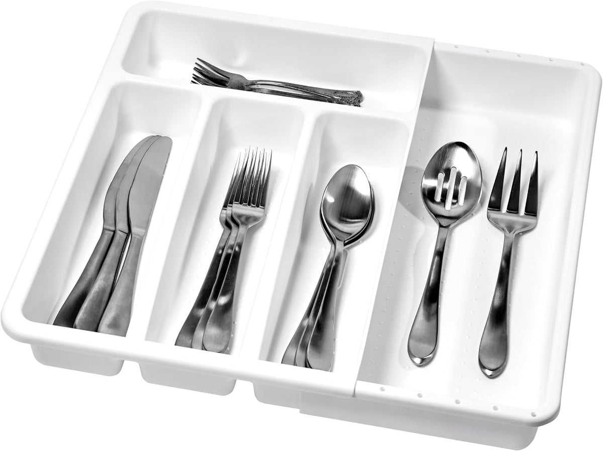 Expanding Silverware Tray, 5 Compartment Flatware Organizer for Forks, Knives & Spoons, Durable Drawer Organizer, White