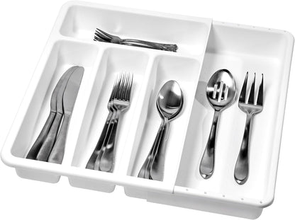 Expanding Silverware Tray, 5 Compartment Flatware Organizer for Forks, Knives & Spoons, Durable Drawer Organizer, White