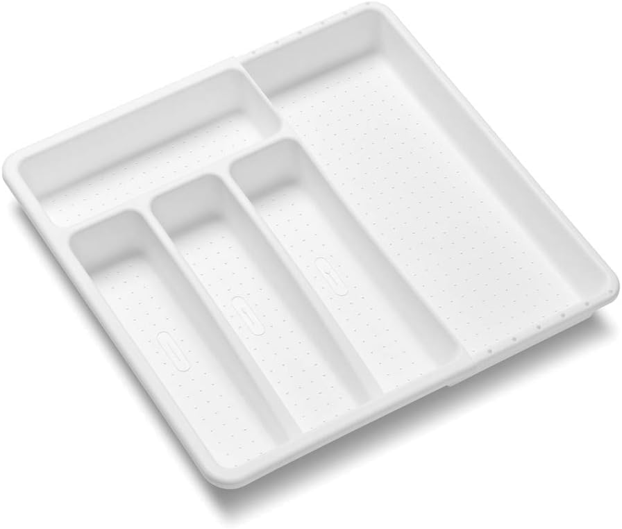 Expanding Silverware Tray, 5 Compartment Flatware Organizer for Forks, Knives & Spoons, Durable Drawer Organizer, White