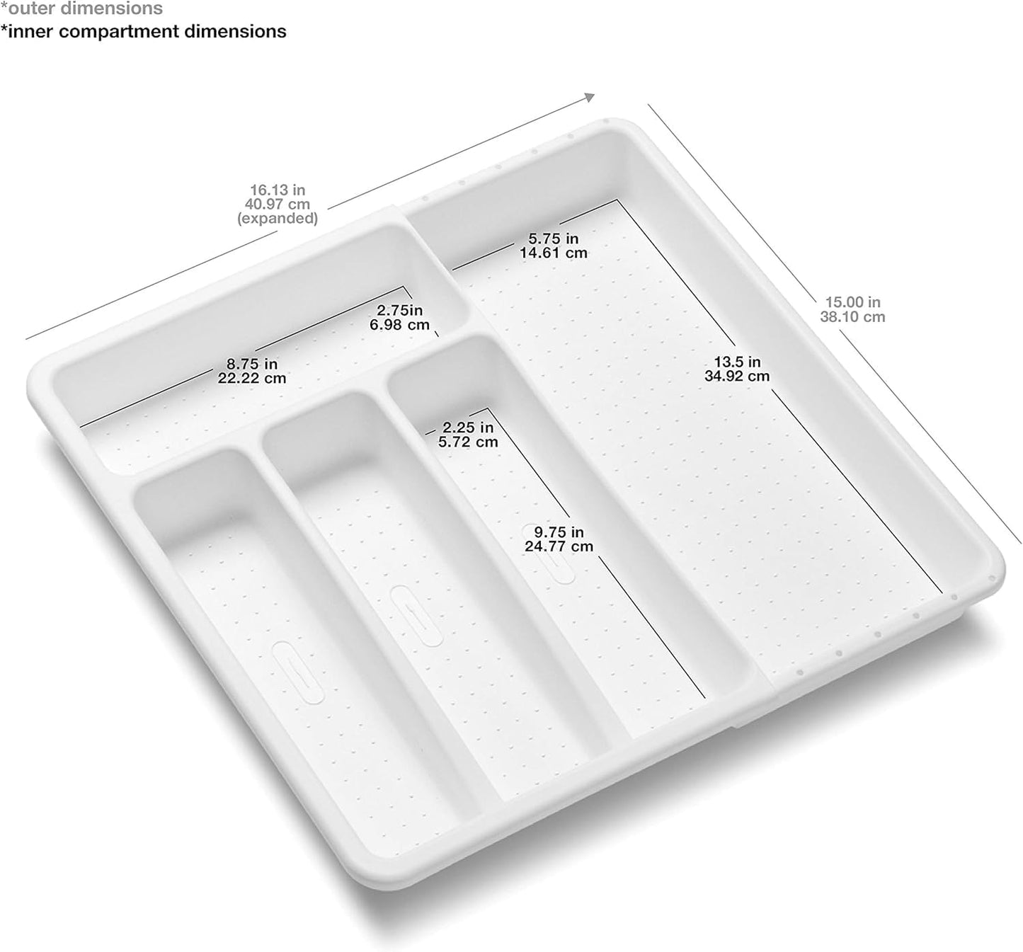 Expanding Silverware Tray, 5 Compartment Flatware Organizer for Forks, Knives & Spoons, Durable Drawer Organizer, White