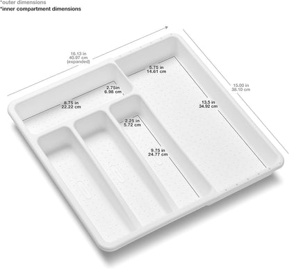 Expanding Silverware Tray, 5 Compartment Flatware Organizer for Forks, Knives & Spoons, Durable Drawer Organizer, White