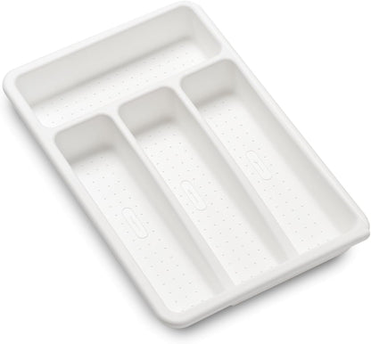 Expanding Silverware Tray, 5 Compartment Flatware Organizer for Forks, Knives & Spoons, Durable Drawer Organizer, White