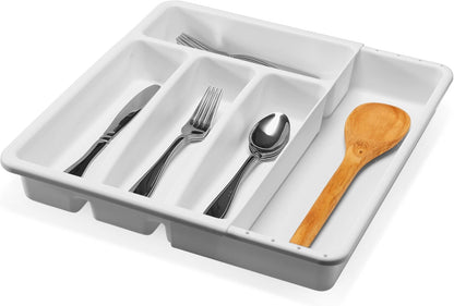 Expanding Silverware Tray, 5 Compartment Flatware Organizer for Forks, Knives & Spoons, Durable Drawer Organizer, White
