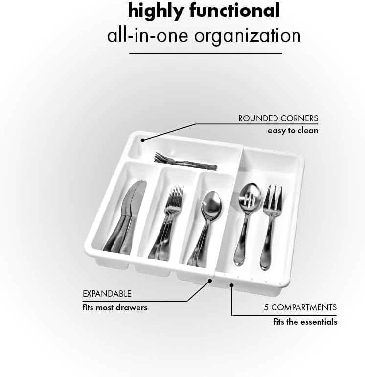 Expanding Silverware Tray, 5 Compartment Flatware Organizer for Forks, Knives & Spoons, Durable Drawer Organizer, White