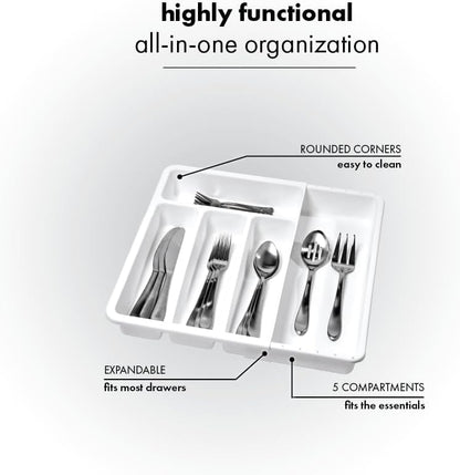 Expanding Silverware Tray, 5 Compartment Flatware Organizer for Forks, Knives & Spoons, Durable Drawer Organizer, White