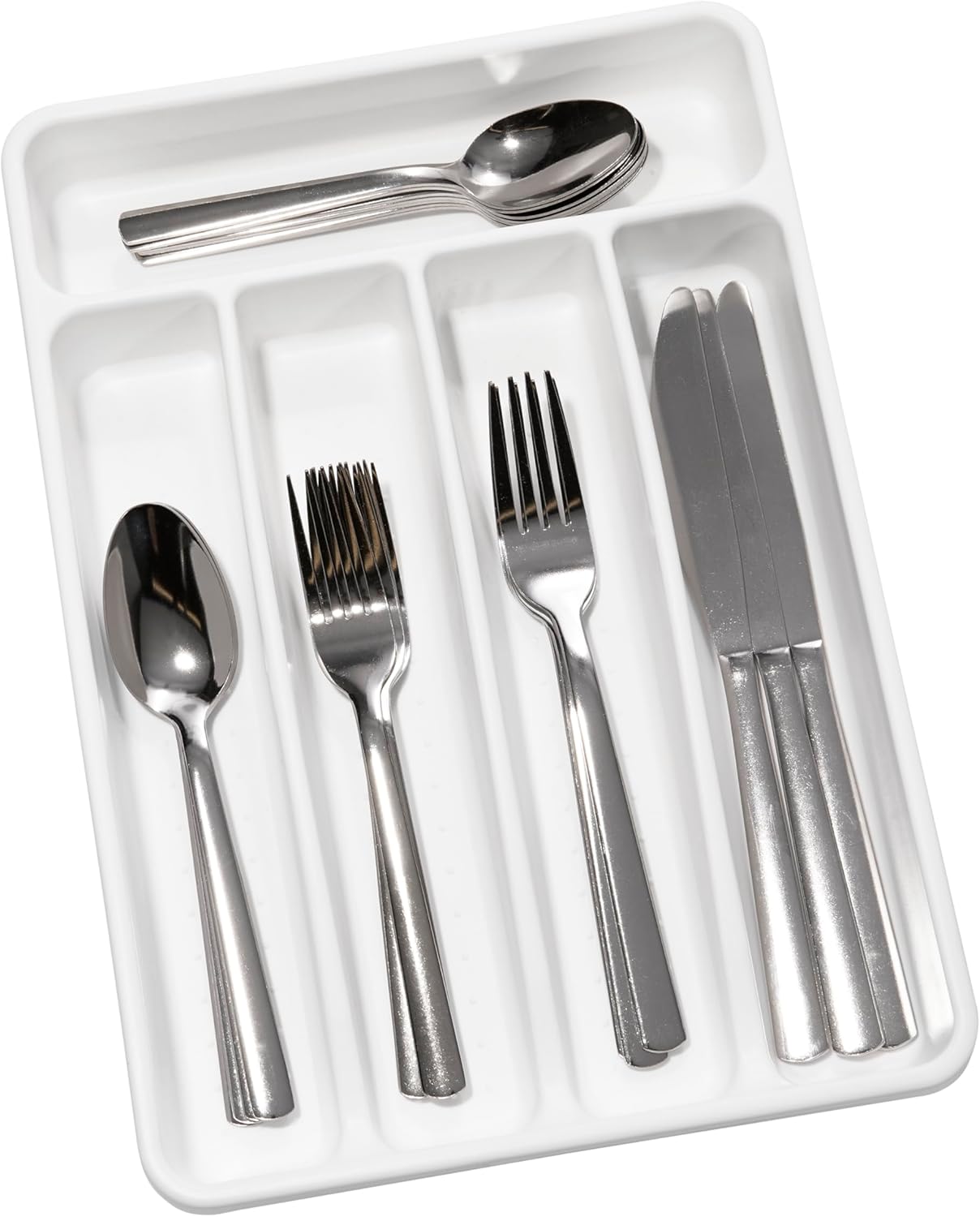Expanding Silverware Tray, 5 Compartment Flatware Organizer for Forks, Knives & Spoons, Durable Drawer Organizer, White
