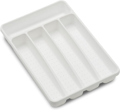 Expanding Silverware Tray, 5 Compartment Flatware Organizer for Forks, Knives & Spoons, Durable Drawer Organizer, White