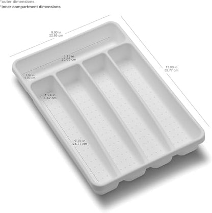 Expanding Silverware Tray, 5 Compartment Flatware Organizer for Forks, Knives & Spoons, Durable Drawer Organizer, White