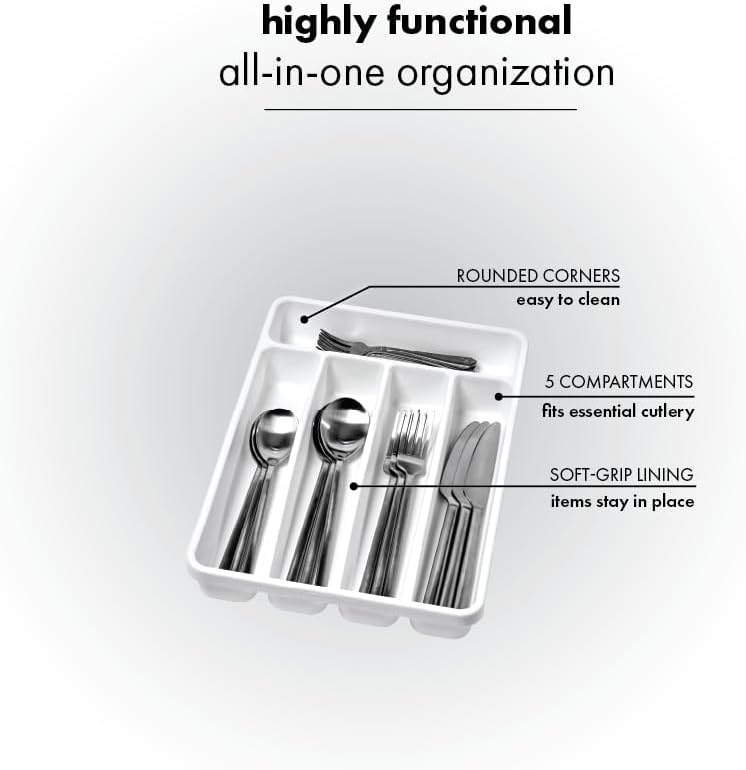 Expanding Silverware Tray, 5 Compartment Flatware Organizer for Forks, Knives & Spoons, Durable Drawer Organizer, White