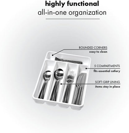 Expanding Silverware Tray, 5 Compartment Flatware Organizer for Forks, Knives & Spoons, Durable Drawer Organizer, White