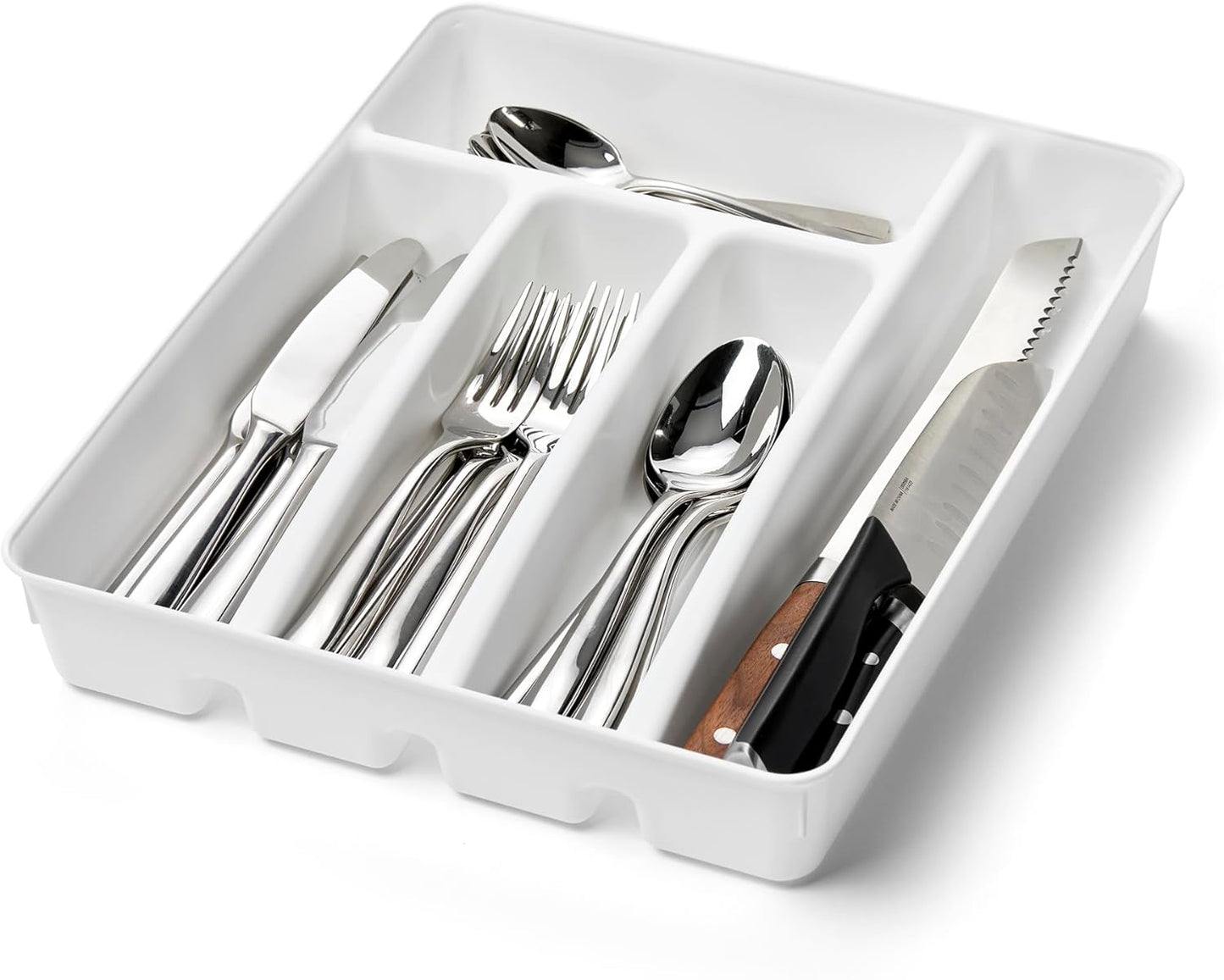 Expanding Silverware Tray, 5 Compartment Flatware Organizer for Forks, Knives & Spoons, Durable Drawer Organizer, White