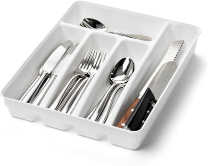 Expanding Silverware Tray, 5 Compartment Flatware Organizer for Forks, Knives & Spoons, Durable Drawer Organizer, White