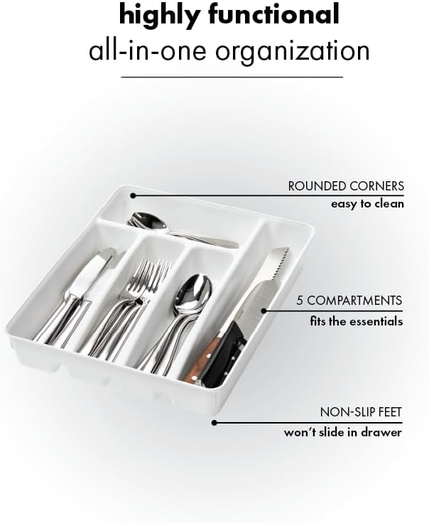 Expanding Silverware Tray, 5 Compartment Flatware Organizer for Forks, Knives & Spoons, Durable Drawer Organizer, White