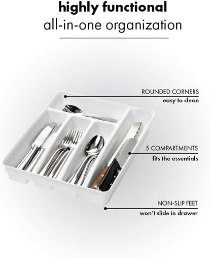 Expanding Silverware Tray, 5 Compartment Flatware Organizer for Forks, Knives & Spoons, Durable Drawer Organizer, White