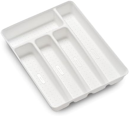 Expanding Silverware Tray, 5 Compartment Flatware Organizer for Forks, Knives & Spoons, Durable Drawer Organizer, White