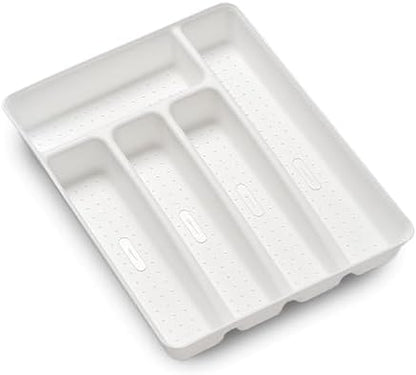 Expanding Silverware Tray, 5 Compartment Flatware Organizer for Forks, Knives & Spoons, Durable Drawer Organizer, White