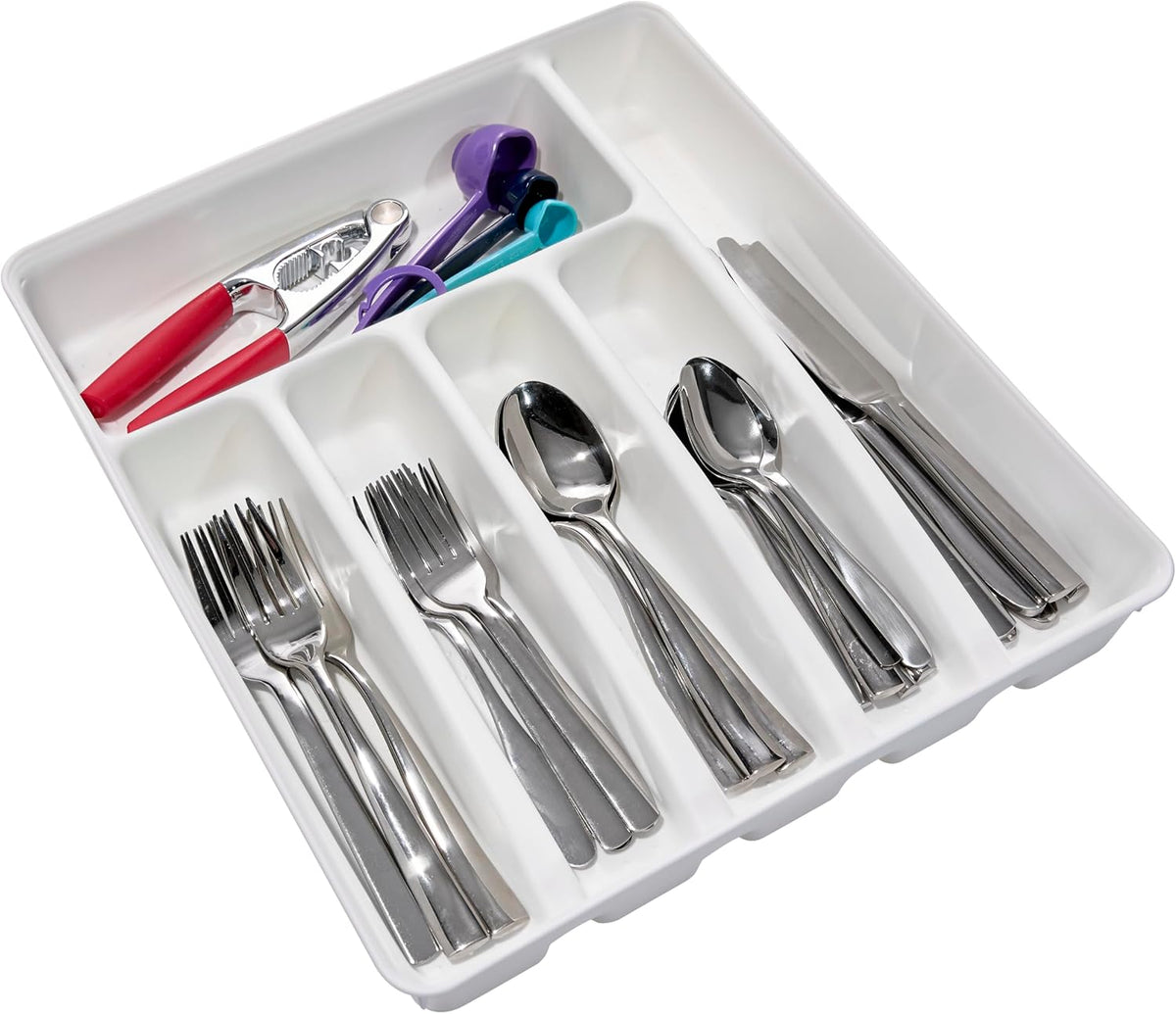 Expanding Silverware Tray, 5 Compartment Flatware Organizer for Forks, Knives & Spoons, Durable Drawer Organizer, White
