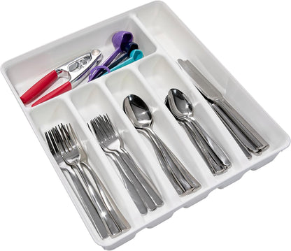 Expanding Silverware Tray, 5 Compartment Flatware Organizer for Forks, Knives & Spoons, Durable Drawer Organizer, White