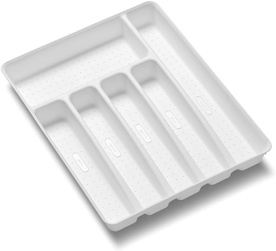 Expanding Silverware Tray, 5 Compartment Flatware Organizer for Forks, Knives & Spoons, Durable Drawer Organizer, White