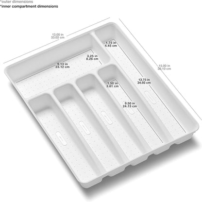 Expanding Silverware Tray, 5 Compartment Flatware Organizer for Forks, Knives & Spoons, Durable Drawer Organizer, White