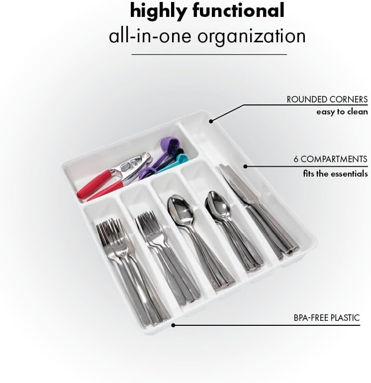 Expanding Silverware Tray, 5 Compartment Flatware Organizer for Forks, Knives & Spoons, Durable Drawer Organizer, White