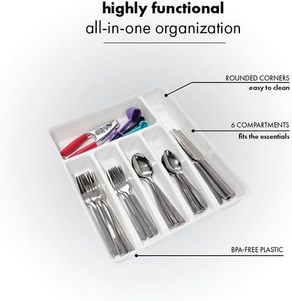 Expanding Silverware Tray, 5 Compartment Flatware Organizer for Forks, Knives & Spoons, Durable Drawer Organizer, White