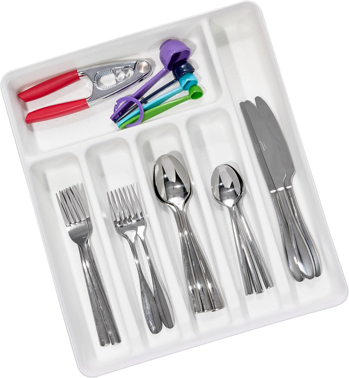 Expanding Silverware Tray, 5 Compartment Flatware Organizer for Forks, Knives & Spoons, Durable Drawer Organizer, White