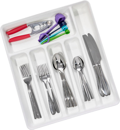 Expanding Silverware Tray, 5 Compartment Flatware Organizer for Forks, Knives & Spoons, Durable Drawer Organizer, White