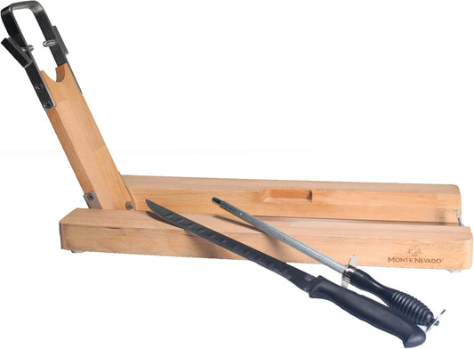 Monte Nevado Folding Ham Stand - Carving Knife and Sharpener Included - Iberico, Serrano and Prosciutto Ham Holder Stand - Easy to Assemble, Lightweight, Portable - Soporte Jamonero Plegable