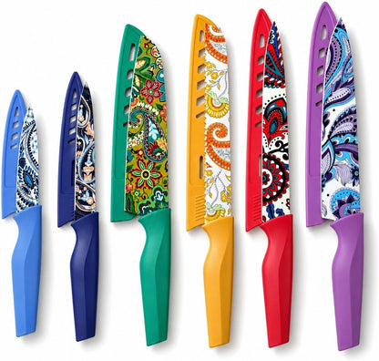 Paisley Pattern Knife Set with Cover | Dishwasher Safe, 6 Knife Sheath, German Stainless Steel, Rainbow Colorful Design