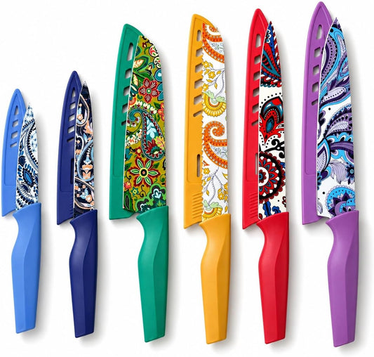 Paisley Pattern Knife Set with Cover | Dishwasher Safe, 6 Knife Sheath, German Stainless Steel, Rainbow Colorful Design