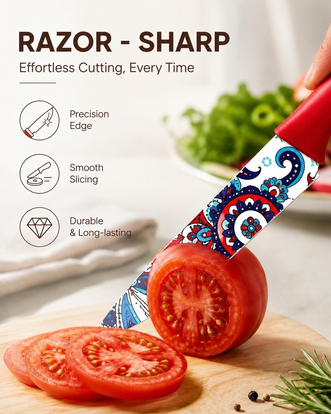 Paisley Pattern Knife Set with Cover | Dishwasher Safe, 6 Knife Sheath, German Stainless Steel, Rainbow Colorful Design