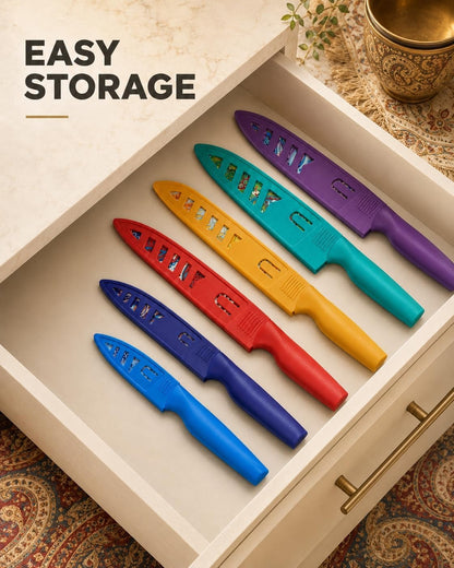 Paisley Pattern Knife Set with Cover | Dishwasher Safe, 6 Knife Sheath, German Stainless Steel, Rainbow Colorful Design