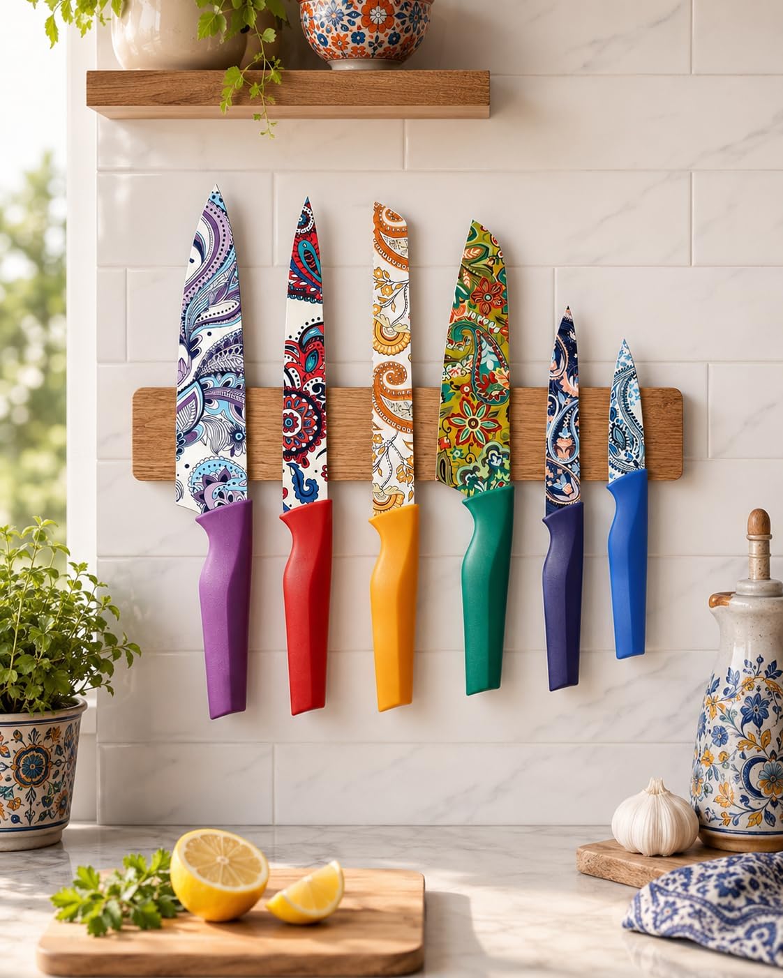 Paisley Pattern Knife Set with Cover | Dishwasher Safe, 6 Knife Sheath, German Stainless Steel, Rainbow Colorful Design