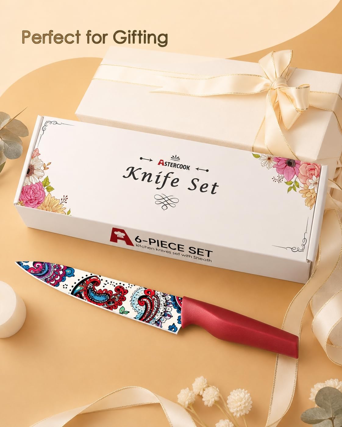 Paisley Pattern Knife Set with Cover | Dishwasher Safe, 6 Knife Sheath, German Stainless Steel, Rainbow Colorful Design