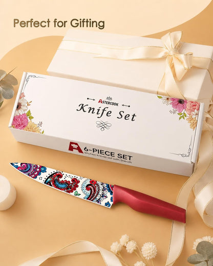 Paisley Pattern Knife Set with Cover | Dishwasher Safe, 6 Knife Sheath, German Stainless Steel, Rainbow Colorful Design