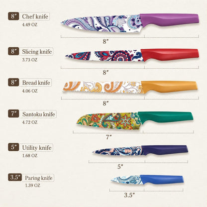 Paisley Pattern Knife Set with Cover | Dishwasher Safe, 6 Knife Sheath, German Stainless Steel, Rainbow Colorful Design