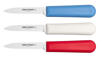 S104SC-3RWC Sani-Safe 15423 Paring Knife Set, 3-1/4" Scalloped Edge DEXSTEEL High Carbon Stain-Free Steel Blade, Non-Slip Red, White and Blue Polypropylene Handles, 3 Pack, Made in USA