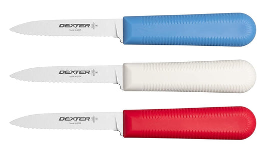 S104SC-3RWC Sani-Safe 15423 Paring Knife Set, 3-1/4" Scalloped Edge DEXSTEEL High Carbon Stain-Free Steel Blade, Non-Slip Red, White and Blue Polypropylene Handles, 3 Pack, Made in USA