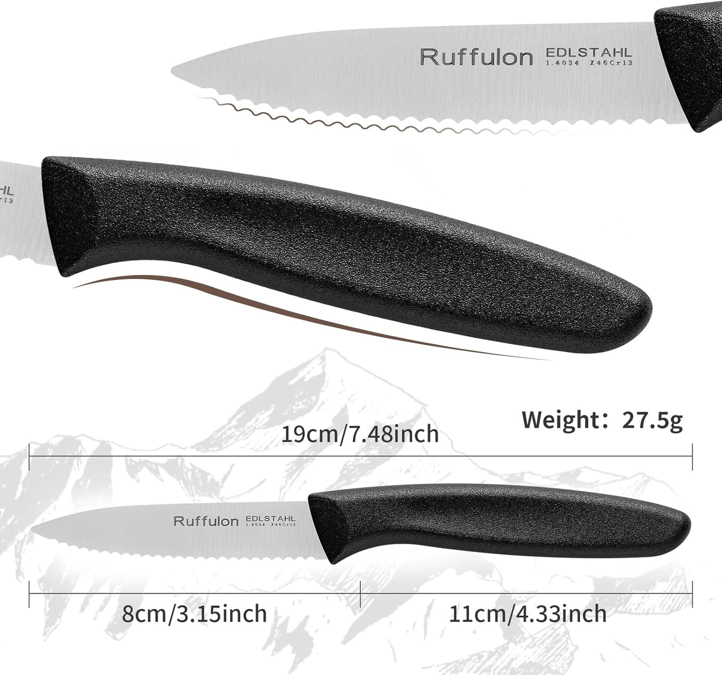 Stainless Steel Paring Knife With Serrated Blade, 6 Pieces Set Vegetable and Fruit Knife, Ultra Sharp Small Kitchen Knife, Black Paring Knives with PP Plastic Ergonomic Handle.