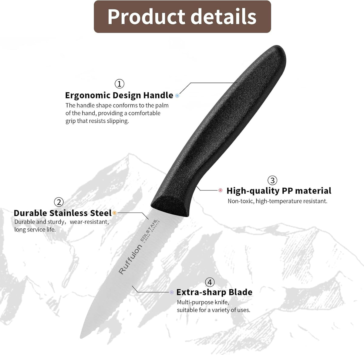 Stainless Steel Paring Knife With Serrated Blade, 6 Pieces Set Vegetable and Fruit Knife, Ultra Sharp Small Kitchen Knife, Black Paring Knives with PP Plastic Ergonomic Handle.
