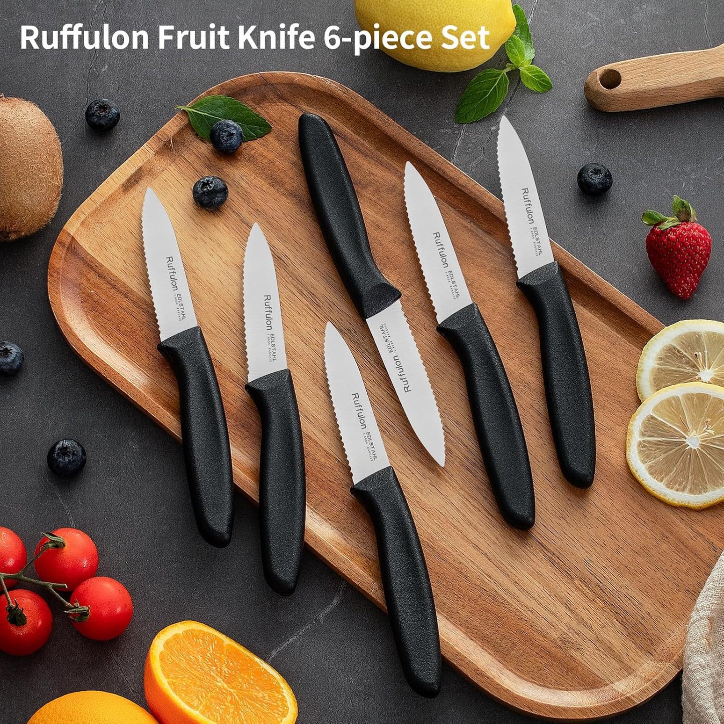Stainless Steel Paring Knife With Serrated Blade, 6 Pieces Set Vegetable and Fruit Knife, Ultra Sharp Small Kitchen Knife, Black Paring Knives with PP Plastic Ergonomic Handle.
