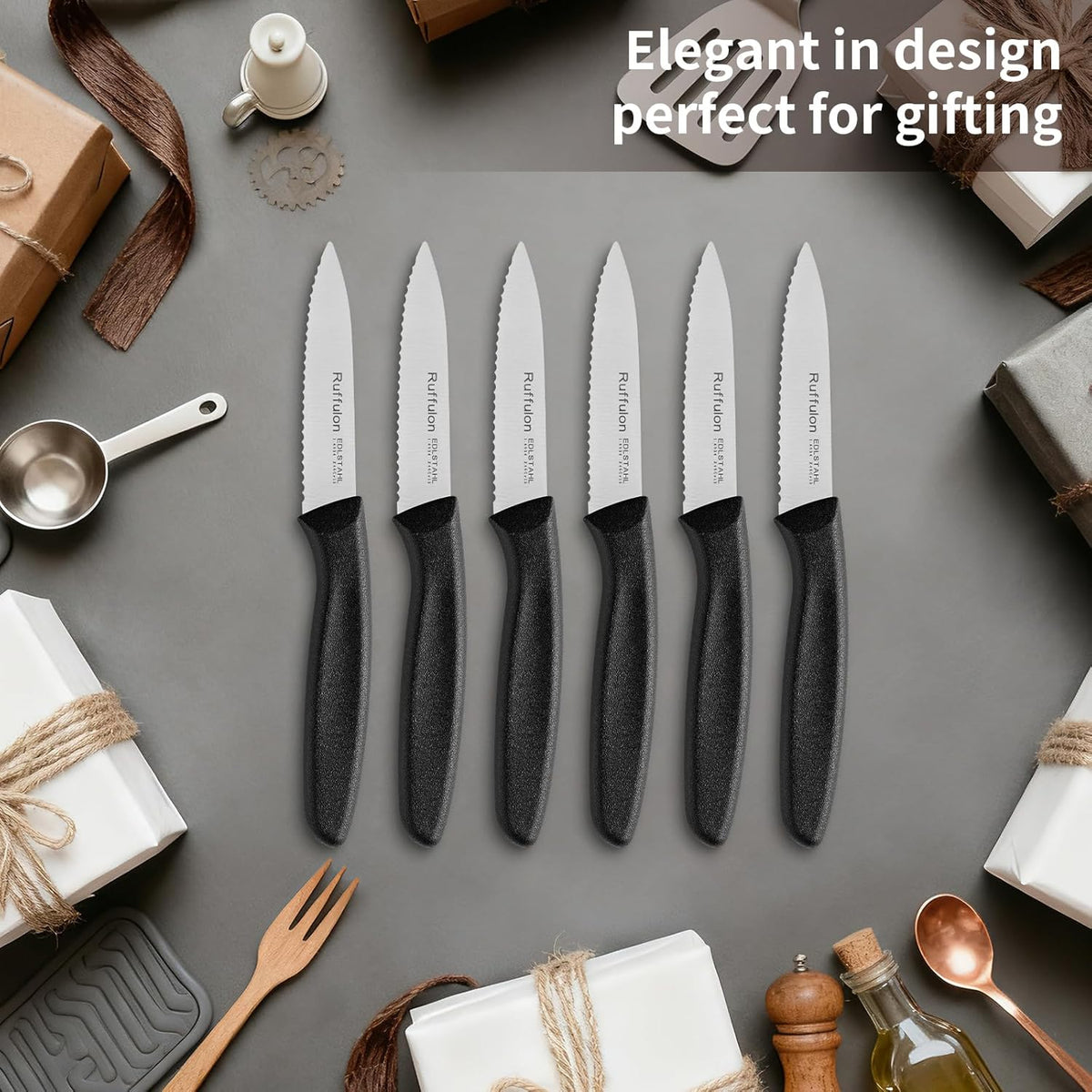 Stainless Steel Paring Knife With Serrated Blade, 6 Pieces Set Vegetable and Fruit Knife, Ultra Sharp Small Kitchen Knife, Black Paring Knives with PP Plastic Ergonomic Handle.